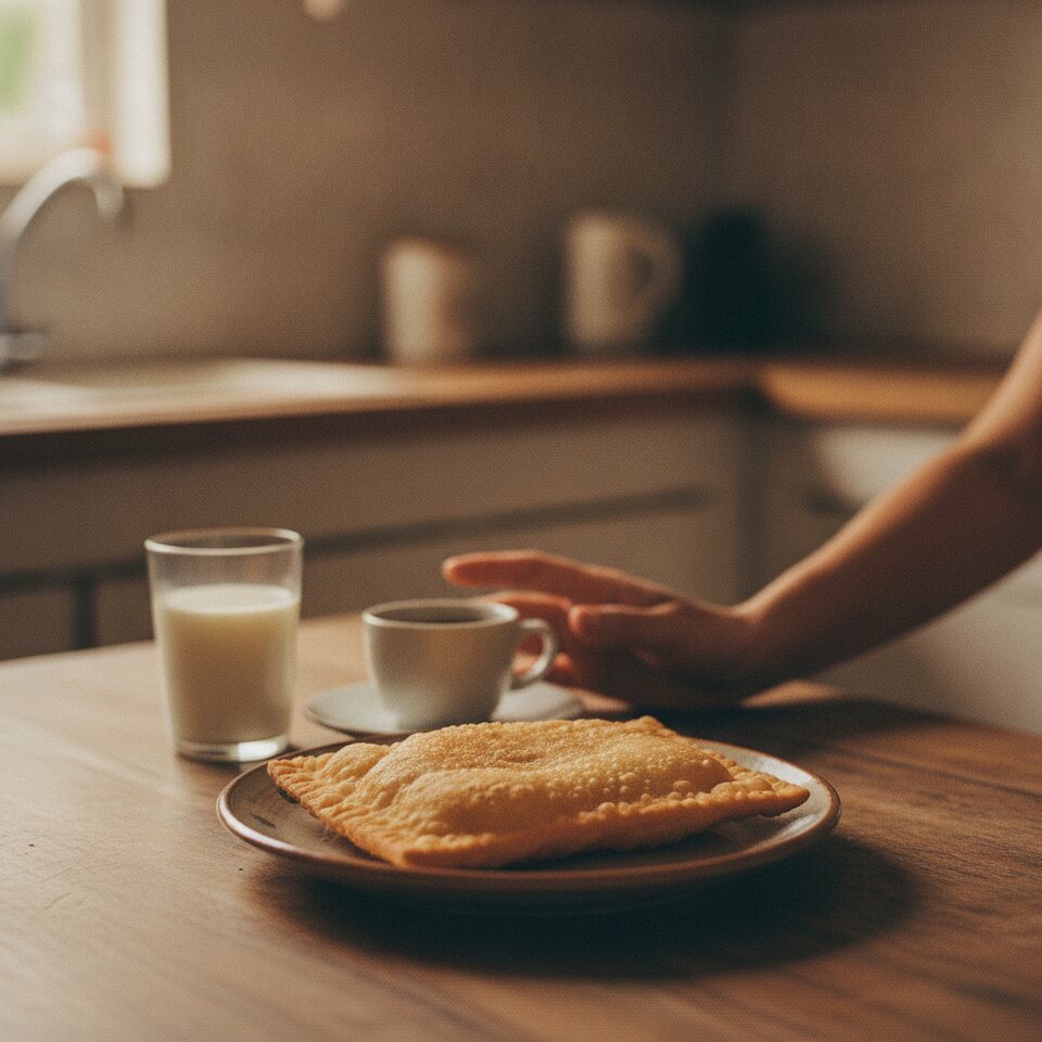 O pastel, o café e o leite na cozinha, de manhã