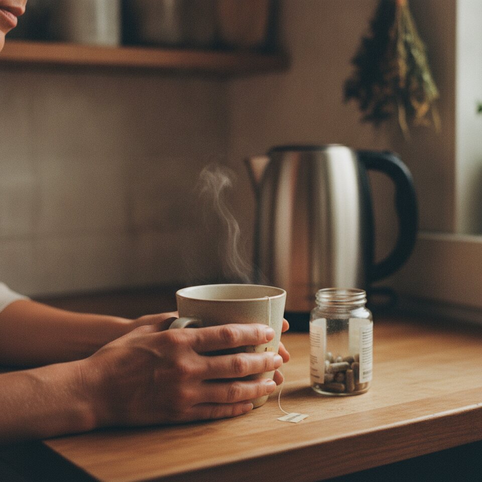O chá e o probiótico na cozinha, à noite