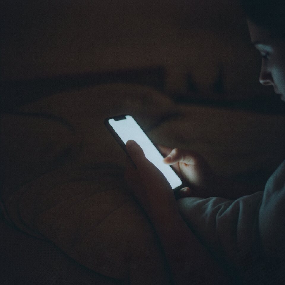 O celular aceso na cama, de madrugada