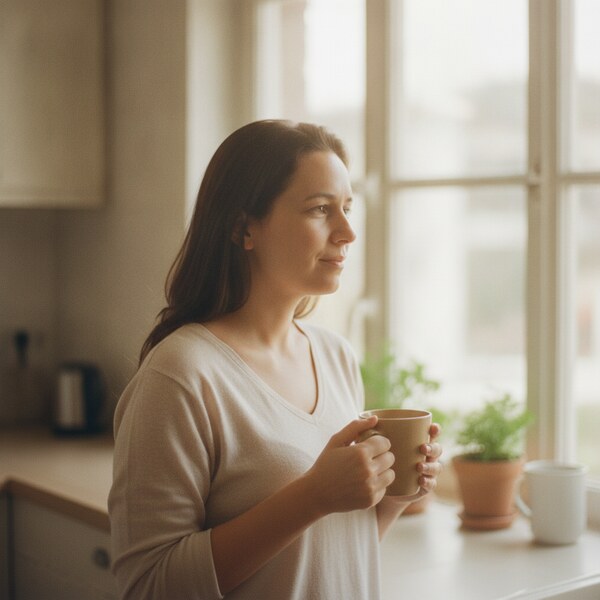 A mesma mulher, dias melhores, tranquila com um café na cozinha iluminada